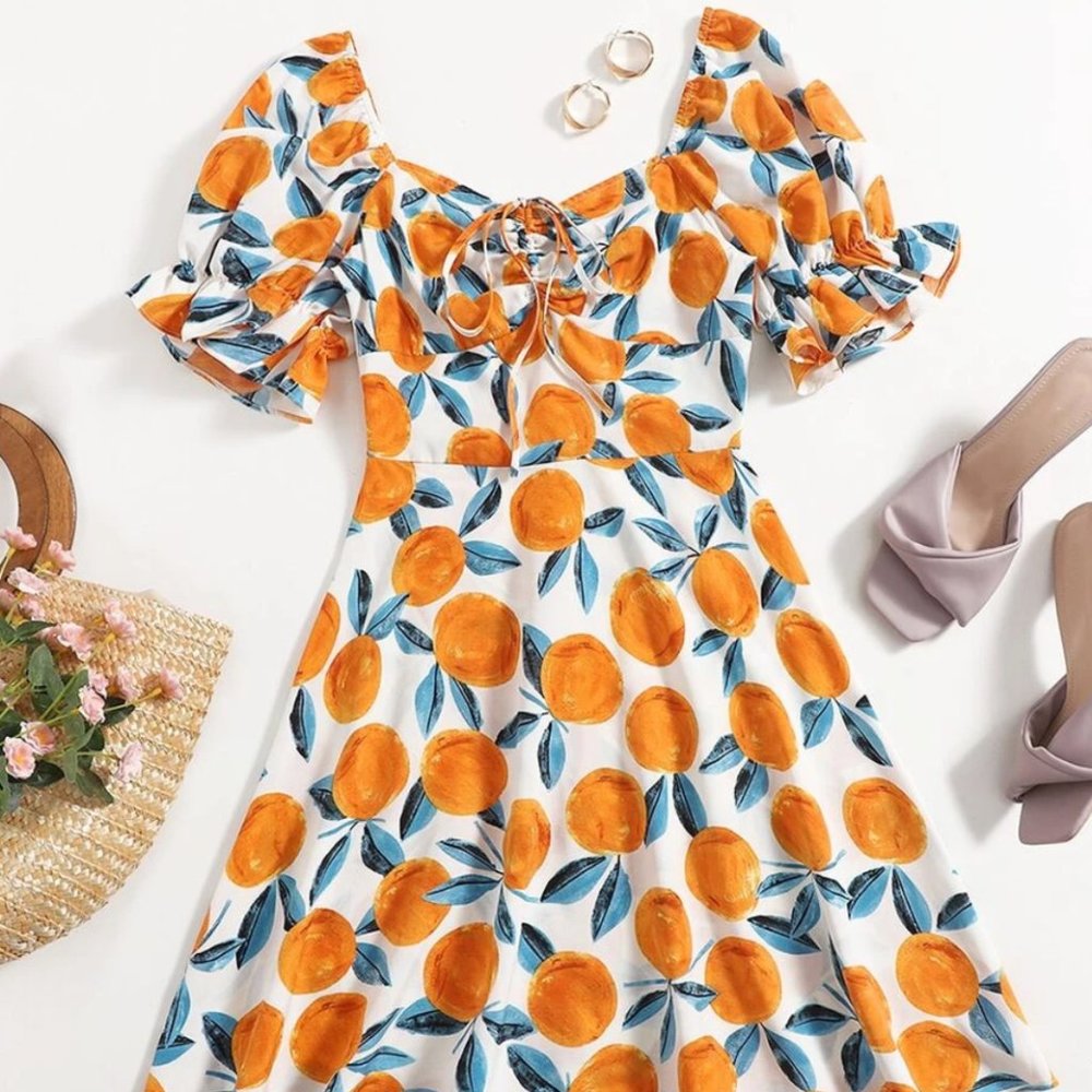 NWOT SHEIN Sweetheart Neck Puff Sleeve Orange Print Dress Size XS/US 2